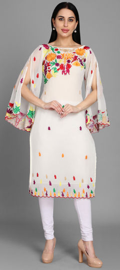 White and Off White color Kurti in Georgette fabric with Aari, Embroidered, Resham work