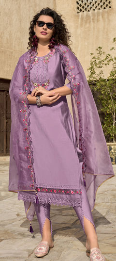 Purple and Violet color Salwar Kameez in Viscose fabric with Bugle Beads, Embroidered, Thread work