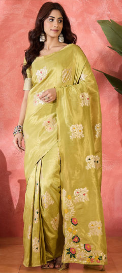 Yellow color Saree in Shimmer fabric with Weaving, Zari work