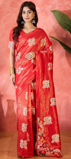Red and Maroon color Saree in Shimmer fabric with Weaving, Zari work