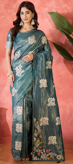 Blue color Saree in Shimmer fabric with Weaving, Zari work