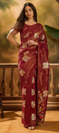 Red and Maroon color Saree in Shimmer fabric with Weaving, Zari work
