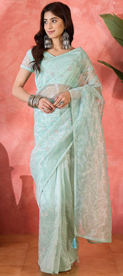 Green color Saree in Organza Silk fabric with Embroidered, Sequence, Thread work