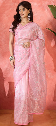 Pink and Majenta color Saree in Organza Silk fabric with Embroidered, Sequence, Thread work