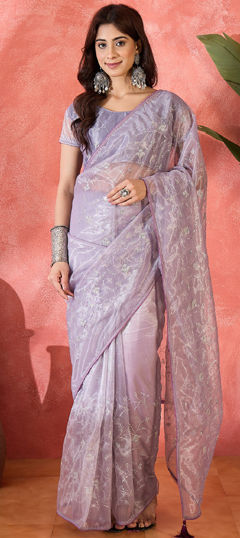 Purple and Violet color Saree in Organza Silk fabric with Embroidered, Sequence, Thread work