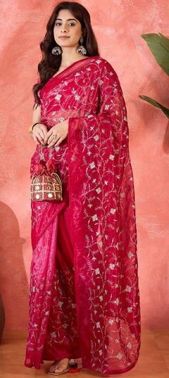 Red and Maroon color Saree in Organza Silk fabric with Embroidered, Sequence, Thread work