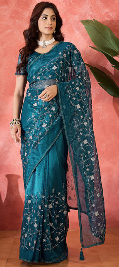 Blue color Saree in Organza Silk fabric with Embroidered, Sequence, Thread work