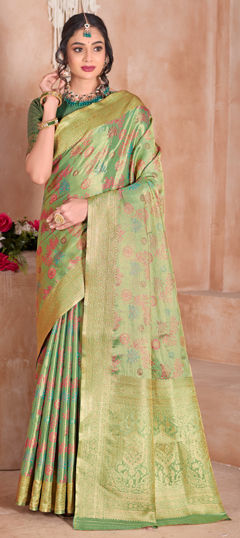Green color Saree in Tissue fabric with Weaving work