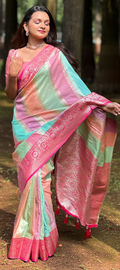 Pink and Majenta color Saree in Silk fabric with Weaving work