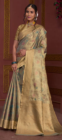 Gold, Green color Saree in Tissue fabric with Weaving work