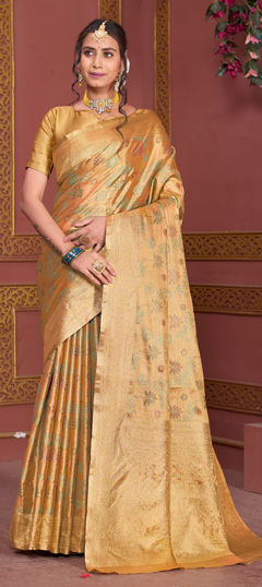 Gold color Saree in Tissue fabric with Weaving work