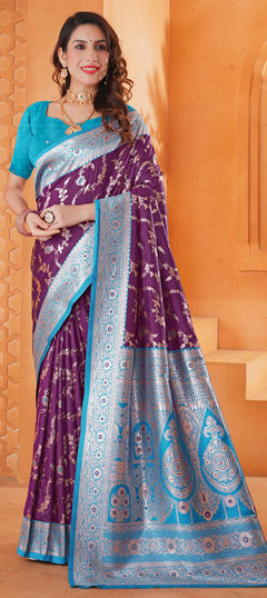 Purple and Violet color Saree in Tissue fabric with Weaving work
