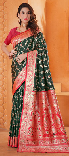 Green color Saree in Tissue fabric with Weaving work