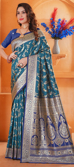 Blue color Saree in Tissue fabric with Weaving work