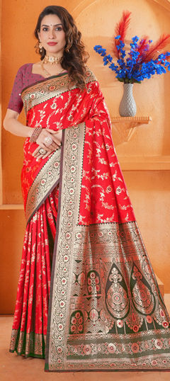 Red and Maroon color Saree in Tissue fabric with Weaving work