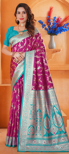 Purple and Violet color Saree in Tissue fabric with Weaving work