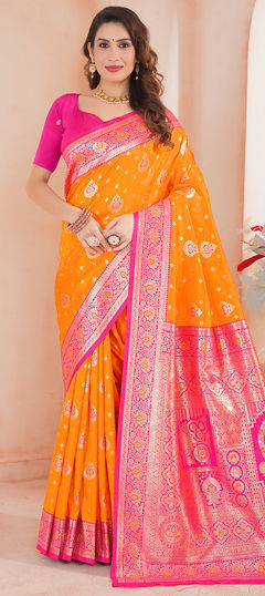 Yellow color Saree in Tissue fabric with Weaving work
