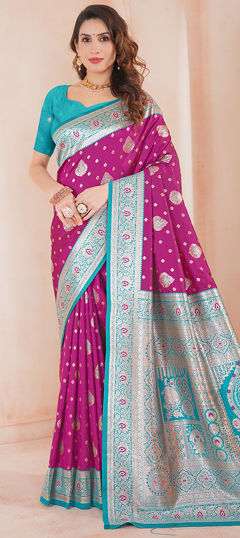 Red and Maroon color Saree in Tissue fabric with Weaving work