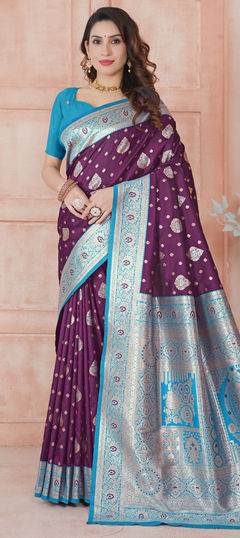 Purple and Violet color Saree in Tissue fabric with Weaving work