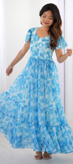 Blue color Gown in Faux Georgette fabric with Printed work