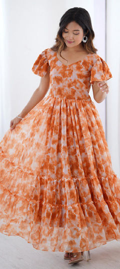 Orange color Gown in Faux Georgette fabric with Printed work