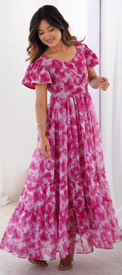 Pink and Majenta color Gown in Faux Georgette fabric with Printed work