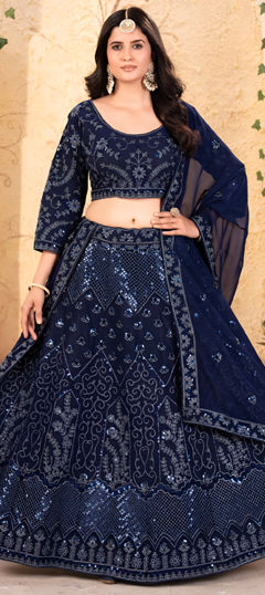 Blue color Lehenga in Georgette fabric with Embroidered, Sequence, Thread work