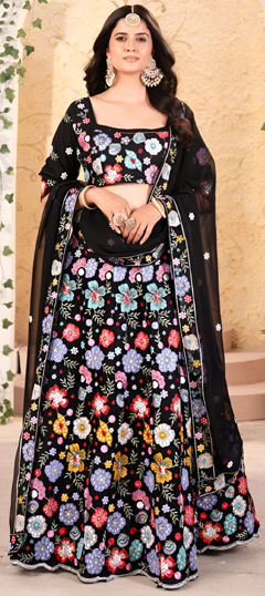 Black and Grey color Lehenga in Faux Georgette fabric with Embroidered, Sequence, Thread work