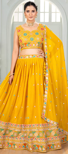 Yellow color Lehenga in Georgette fabric with Embroidered, Sequence, Thread work