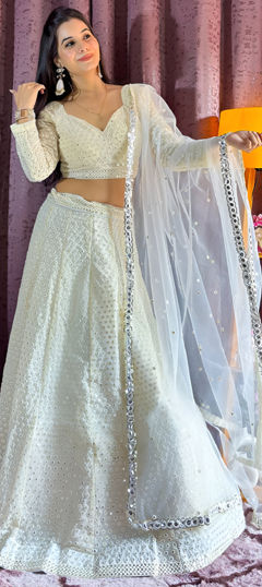 White and Off White color Lehenga in Georgette fabric with Embroidered, Sequence, Thread work