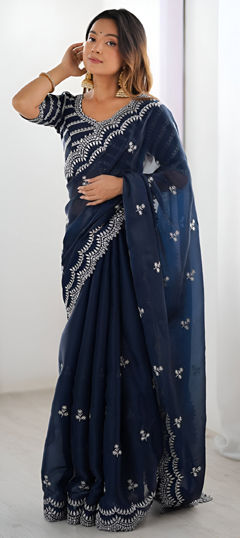 Blue color Saree in Chinon Silk fabric with Embroidered, Sequence, Thread work