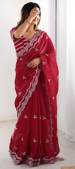 Red and Maroon color Saree in Chinon Silk fabric with Embroidered, Sequence, Thread work