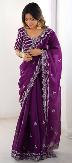 Purple and Violet color Saree in Chinon Silk fabric with Embroidered, Sequence, Thread work