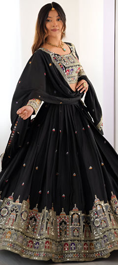 Black and Grey color Lehenga in Crepe Silk fabric with Embroidered, Sequence, Thread work