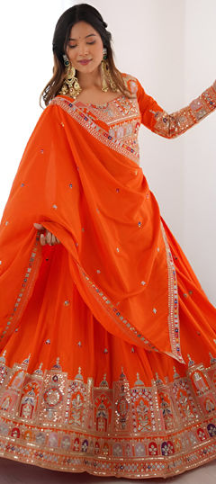 Orange color Lehenga in Crepe Silk fabric with Embroidered, Sequence, Thread work