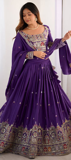 Purple and Violet color Lehenga in Crepe Silk fabric with Embroidered, Sequence, Thread work