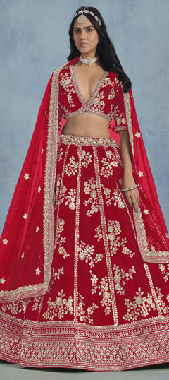 Red and Maroon color Lehenga in Art Silk fabric with Embroidered, Sequence, Thread work