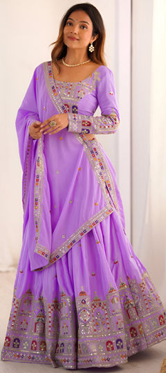 Purple and Violet color Lehenga in Crepe Silk fabric with Embroidered, Sequence, Thread work