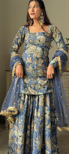 Black and Grey color Salwar Kameez in Chinon Silk fabric with Embroidered, Floral, Printed, Sequence, Thread work