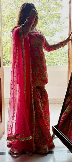 Pink and Majenta color Salwar Kameez in Chinon Silk fabric with Embroidered, Floral, Printed, Sequence, Thread work