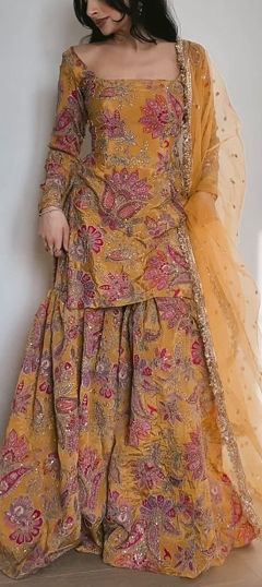 Yellow color Salwar Kameez in Chinon Silk fabric with Embroidered, Floral, Printed, Sequence, Thread work