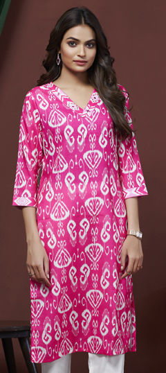 Pink and Majenta color Kurti in Linen fabric with Embroidered, Printed, Thread work