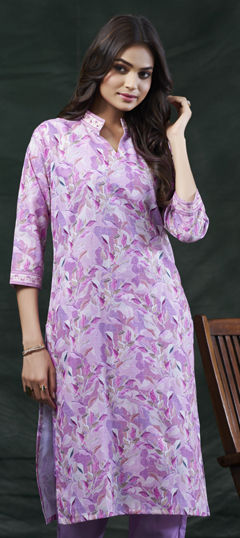 Purple and Violet color Kurti in Linen fabric with Embroidered, Printed, Thread work
