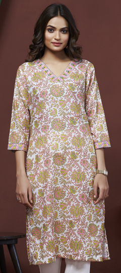 Beige and Brown color Kurti in Linen fabric with Embroidered, Printed, Thread work
