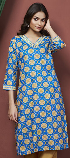 Blue color Kurti in Linen fabric with Embroidered, Printed, Thread work