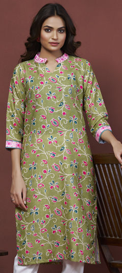 Green color Kurti in Linen fabric with Embroidered, Printed, Thread work