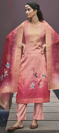 Pink and Majenta color Salwar Kameez in Chanderi Silk fabric with Digital Print, Stone, Weaving work
