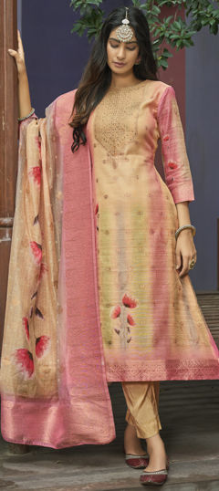 Beige and Brown color Salwar Kameez in Chanderi Silk fabric with Digital Print, Stone, Weaving work