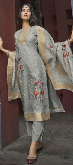 Black and Grey color Salwar Kameez in Chanderi Silk fabric with Digital Print, Stone, Weaving work