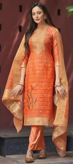 Orange color Salwar Kameez in Chanderi Silk fabric with Digital Print, Stone, Weaving work